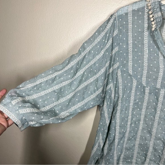Zara Womens Green Blue Embroidered Blouse Pom Pom Collar Boho Size Large - Picture 3 of 9